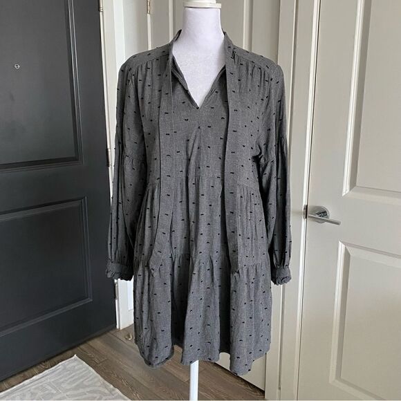 Zara Gray Tie Collar A-Line Long Sleeve Shirt Dress Size M - Picture 2 of 9